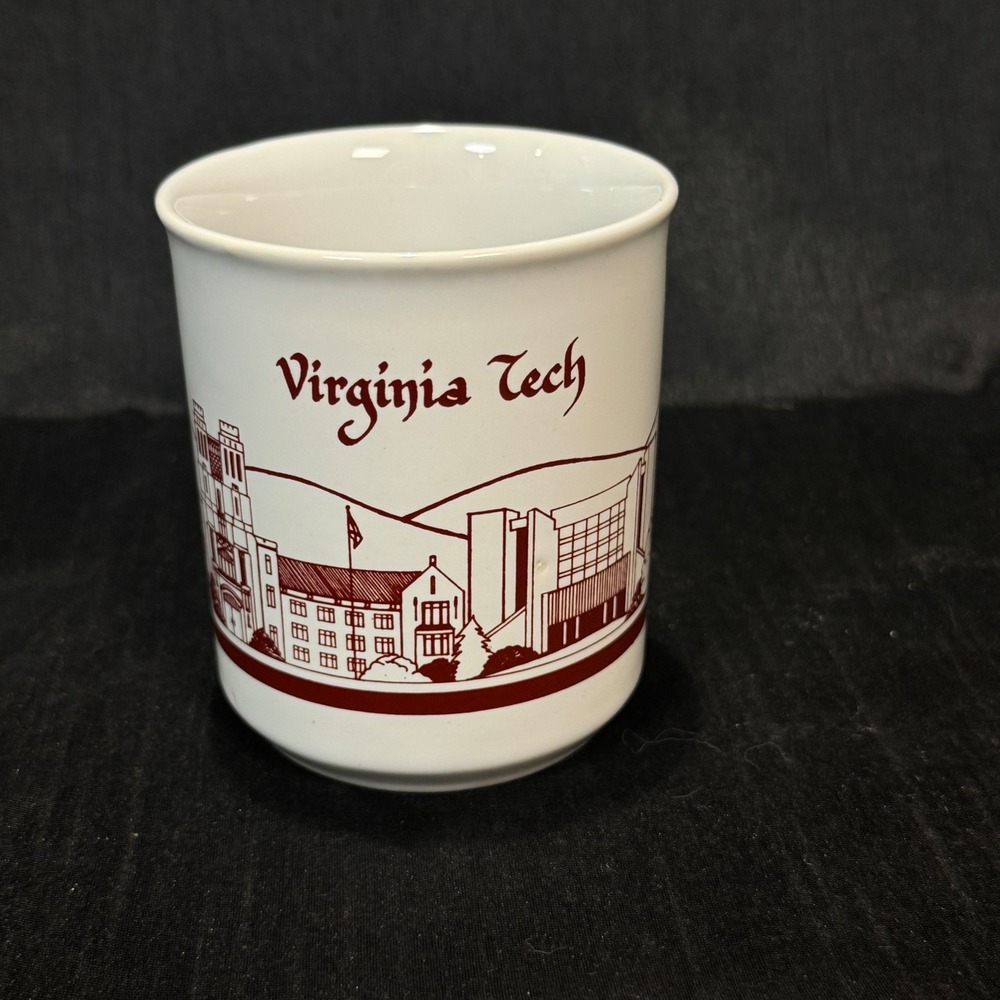 Vintage Virginia Tech Hokie Mug White Maroon Campus Sketch Made in England